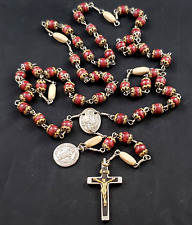 VTG ROMA Rosary Our Lady of Fatima Red Capped Beads Silver Toned Chained Long picture