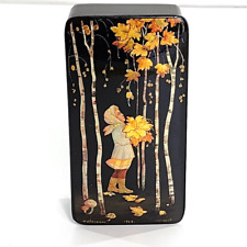 VTG Signed Russian Lacquer Trinket Box 4x2 Hand Painted 1968 Girl In Woods Fall picture