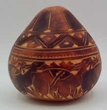 Peruvian Folk Art Carved & Painted Gourd Round with Lid Animals Theme picture