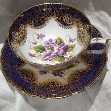 Vtg Paragon Fine Bone China Cobalt Blue & Gold Purple Violets Tea Cup Saucer Set picture