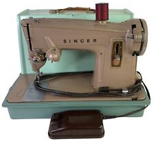 Singer Sewing Machine 13608M Retro MCM Deco Brown w/ Green Case Vintage Working picture