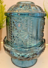 Vintage MCM Indiana Glass Lamp Light Stars & Bars Colonial Blue Fairy 6.5
