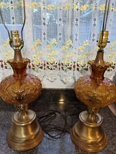 Two Vintage Amber Glass Lamps Mid-Century MCM - Not Tiara Glass But Resembles It picture