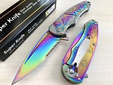 8” Rainbow Moon Wolf Tactical Spring Assisted Open Blade Folding Pocket Knife picture