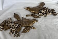 Pair of MCM Gold Gilded Sparrow Bird & Dogwood Wall Hanging Sculpture picture