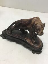Vintage Possibly Antique Chinese Stone Mineral Carving Tiger With Wood Stand picture