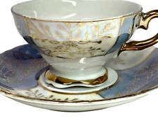 Vintage Pearlescent Demitasse Espresso Cup And Saucer Blue White Gold Foliage picture