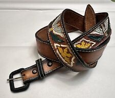 Handmade Belt Vtg Sz 42 Made in Mexico Brown Tooled Leather Painted Eagle Flower picture