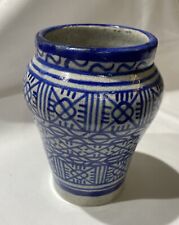 Vintage Moroccan Fez Pottery Blue Vase Artist Signed North Africa picture