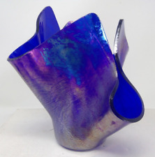 Artist Signed Cobalt Blue Art Glass Handkerchief Vase picture