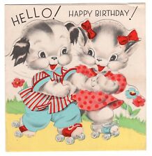 Vtg Rust Craft Birthday Card  Anthropomorphic Puppy Kitten on roller skates 1940 picture