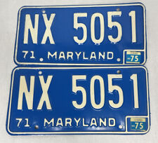 Vintage 1971 Maryland License Plate Pair NX 5051 Blue '75 Tag Man Cave Decor picture