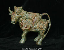 Old Chinese Antique Bronze Ware Dynasty Animal Tiger Bull Oxen Statue Sculpture picture
