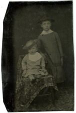 CIRCA 1860'S 2.25X3.25 in 1/6 Plate TINTYPE Two Adorable Girls Sisters? In Hats picture