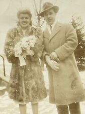 W5 Photograph 1930-40's Beautiful Woman Handsome Man Cute Couple Snow Fur Coat picture