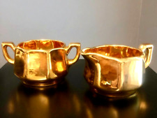 VTG USA 22 kt Gold Gilt Porcelain CREAMER & Open SUGAR BOWL Aglow Inside & Out picture