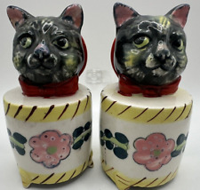 Vintage Set JAPAN TABBY CAT Salt & Pepper Shakers Mid-Century Red Pink Floral 4