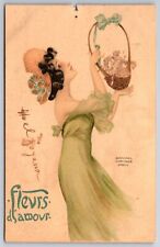 Raphael Kirchner~Graceful Lady Lifts Basket Of Iris Flowers~Fleurs D'Amour~Paris picture