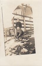 1909 Little 2 Boys with sled winter scene RPPC Photo Postcard  Photo - Mass. picture