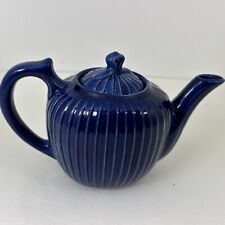 Vtg FRAUNFELTER CHINA Cobalt Blue Teapot Ribbed W/Lid Marked Ohio 28 oz picture