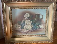 antique rose bee insect glass bottle oil PAINTING Victorian vtg gilt gold frame picture