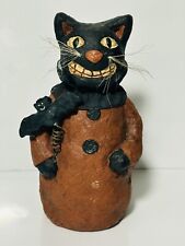 Primitive Vtg Black Cat w Bat Halloween Paper Mache Decor Figure 8” picture