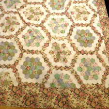 Vintage King Grandmother's Garden Patchwork Quilt Roses Pink Green 104