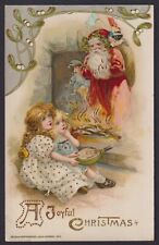 1912 WINSCH GEL CHRISTMAS POSTCARD SANTA TOYS DOLLS FIREPLACE 2 GIRLS BELLOWS picture