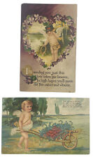 Antique Vintage Embossed Cherub Postcards Gold Hearts Mail Bag Wings Naked picture