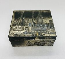 Rare Japanese Tobacco Box Hall Of Science Towers Horse Riders Metal Silver 17 picture