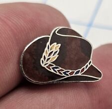 VTG Lapel Pinback Silver Tone Cowboy Hat With Feathered Trim Brown Enameled  picture