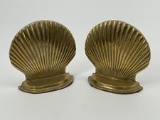 Vintage Pair 2 Brass Bookends Clam Scallop Shell MCM Hollywood Regency Nautical picture
