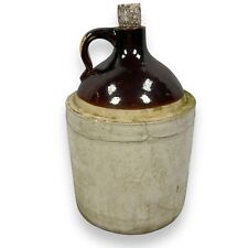 Antique Moonshine Jug Stoneware Brown Beige Pottery Primitive Crock Cork Vintage picture