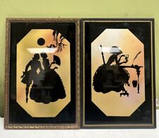 2 ~ Vintage Reverse Silhouette Glass Framed Picture Metallic Courting Couple picture