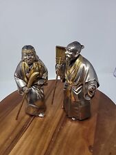 Kokeshi Figure Vintage Japan old man bamboo rake and nun w/broom gold & silver picture
