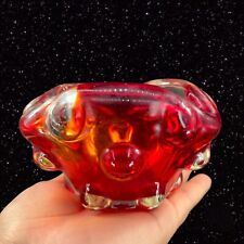 Vintage 1980s Art Glass Dish Bowl Ashtray With Large Hobnail Red Clear Glass VTG picture