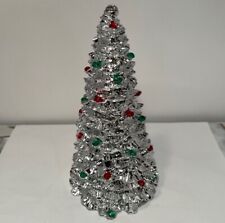 Vintage Decor 8” Heavy Figural Silver Reflective Christmas Tree Red & Green Gems picture