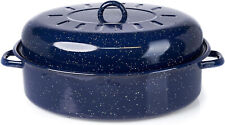 Traditional Vintage Style Blue Speckled Enamel on Steel Cover Oval Nonstick 18' picture