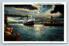 c1925 WB Postcard Racine WI Moonlight Night View Harbor Scene Steamer Ships picture
