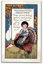 1926 Thanksgiving Greetings Boy On Top Of Turkey House Chimney Embossed Postcard picture