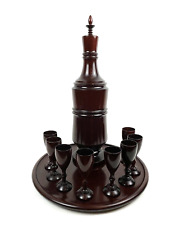 Vintage Wood Decanter Set MCM Mid Century Cordial Footed Cups Glass Tray  picture
