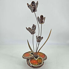 MCM vintage Poppies Brass Leaves pottery wood base Winifred Cole of California picture