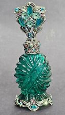 Vintage Czech Bohemian Art Deco Green Glass Jeweled Perfume Bottle picture