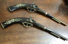 Vintage Decorative Flintlock Pistols Wall Hanging Wood and Brass Made In England picture