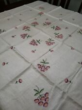 Vintage Hand Painted Tablecloth 92 x 56 Floral Linen Cotton Oblong 8 Napkins  picture