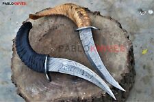 Pair of 2Pics Custom Hand Forged Damascus Steel Hunting Knife Ram Horn Handle picture