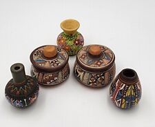 Mini Peruvian Hand Painted Stone Jars With Lids Vases 7 Pc Set Llama Geometric  picture