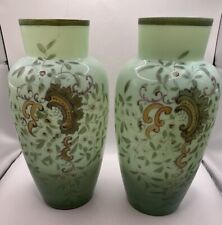 Victorian Bohemian Harrach Mantle Vases Circa 1800’s Opaline Uranium Set of 2 picture