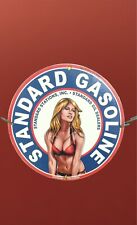 STANDARD GASOLINE PORCELAIN PINUP BIKINI BABE GARAGE OIL SERVICE GAS PUMP SIGN picture