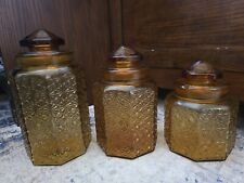 Vintage MCM LE Smith Amber Button & Daisy Glass Canister Apothecary Jar Set of 3 picture
